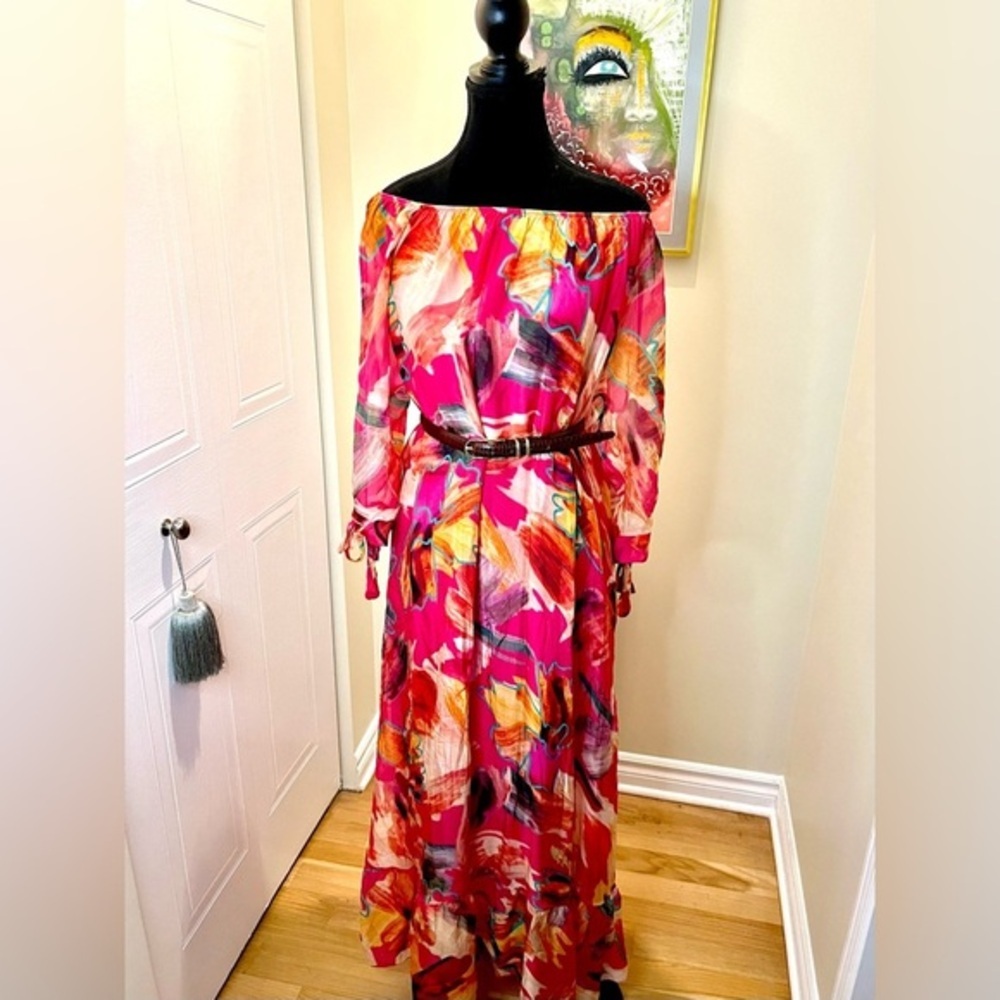 HF Moda Italia Floral Maxi Dress,Multicolour,Off Shoulder,Tie Sleeves ๐ธ๐บ๐ผ - Picture 2 of 16